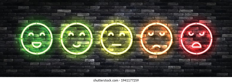 Vector set of realistic isolated neon sign of Rating faces logo for invitation decoration and template covering on the wall background. Concept of feedback and review.

