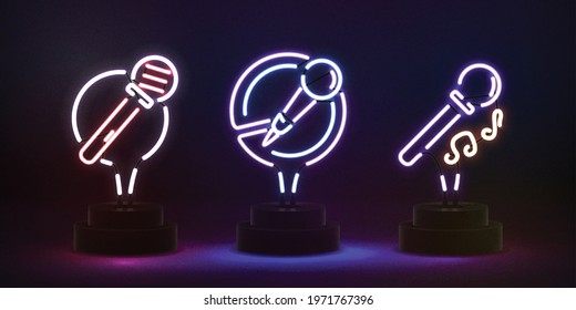 Vector set of realistic isolated neon sign of Karaoke logo. Concept of night club and music.