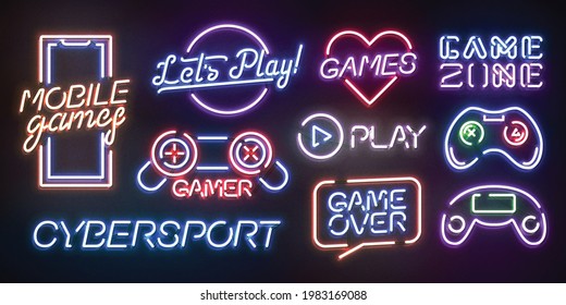 Vector set of realistic isolated neon sign of Game logo for template decoration and branding on the dark background. Concept of cybersport and videogames.