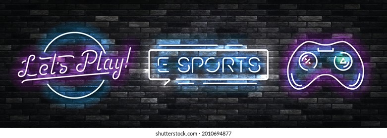 Vector set of realistic isolated neon sign of Let's Play, Esports and Controller logo for template decoration and branding on the wall background. Concept of cybersport and videogames.