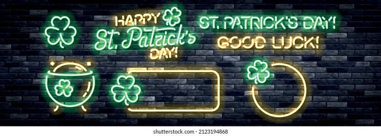 Vector set of realistic isolated neon sign of St. Patrick's Day logo on the wall background.