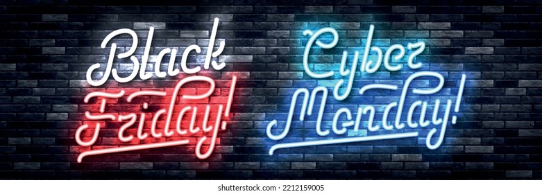 Vector set of realistic isolated neon sign of Black Friday and Cyber Monday on the wall background.