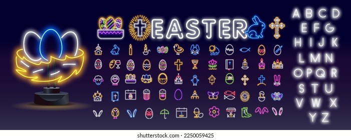 Vector set of realistic isolated neon sign of Easter logo for template decoration and invitation covering on the wall background. Concept of Happy Easter.