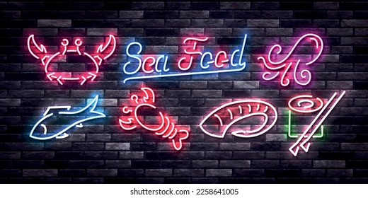 Vector set of realistic isolated neon sign of Sea Food logo on the wall background.