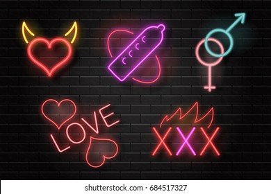 Vector set of realistic isolated neon erotic signs for decoration on the wall background.
