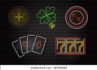 Vector set of realistic isolated neon retro signs of casino on the wall background for decoration and covering. Concept of poker, gambling, slot machine and leisure.