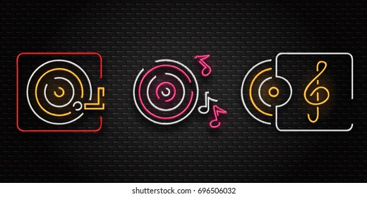 Vector set of realistic isolated neon retro sign of vinyl and notes for decoration and covering on the wall background. Concept of music, dj and disco.