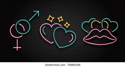Vector set of realistic isolated neon erotic signs for decoration on the wall background.