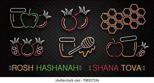 Vector set of realistic isolated neon signs for Rosh Hashanah, Jewish New Year holiday for decoration and covering on the wall background. Concept of Happy Shana Tova.