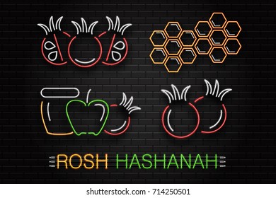 Vector set of realistic isolated neon signs for Rosh Hashanah, Jewish New Year holiday for decoration and covering on the wall background. Concept of Happy Shana Tova.