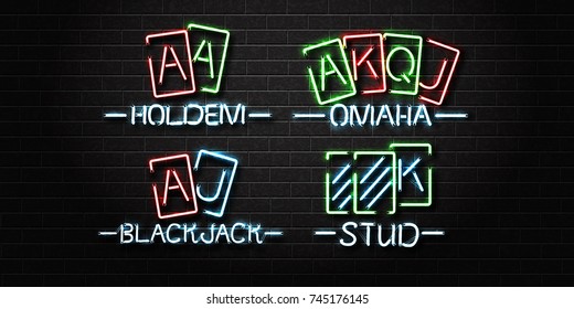 Vector set of realistic isolated neon sign for Poker and playing cards for decoration and covering on the wall background. Concept of casino and gambling.