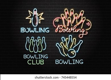 Vector set of realistic isolated neon sign for bowling for decoration and covering on the wall background. Concept of game sport and bowling club.