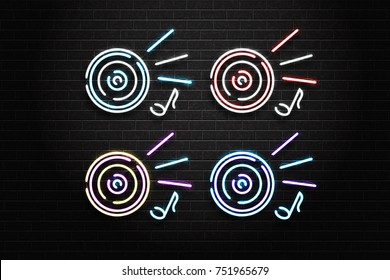 Vector set of realistic isolated neon sign of dj logo with vinyl for decoration and covering on the wall background. Concept of music, dj and live concert.