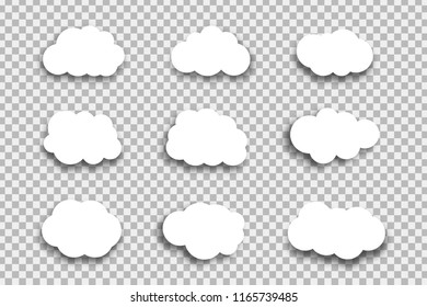 Vector set of realistic isolated paper clouds for decoration and covering on the transparent background.