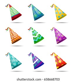 Vector set of realistic isolated party hats on the white background for photo decoration and covering. Concept of birthday, holiday and celebration.