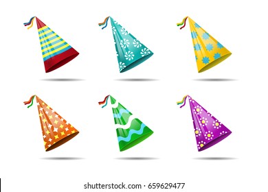 Vector set of realistic isolated party hats on the white background for photo decoration and covering. Concept of birthday, holiday and celebration.