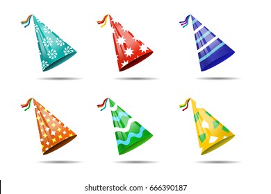 Vector set of realistic isolated party hats on the white background for photo decoration and covering. Concept of birthday, holiday and celebration.