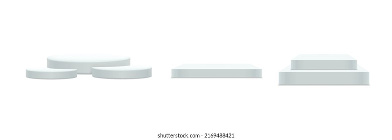 Vector set of realistic isolated podium platform in abstract stage for product placement and display on the white background.