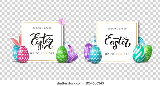 Vector set of realistic isolated poster cards for Easter sale with eggs for decoration and covering on the transparent background. Concept of Happy Easter.