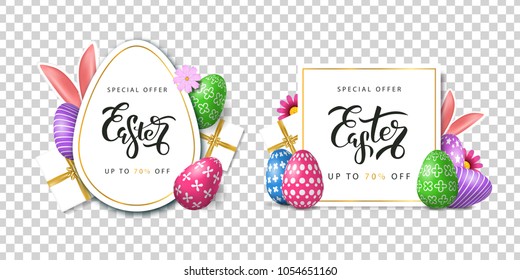 Vector set of realistic isolated poster cards for Easter sale with eggs for decoration and covering on the transparent background. Concept of Happy Easter.