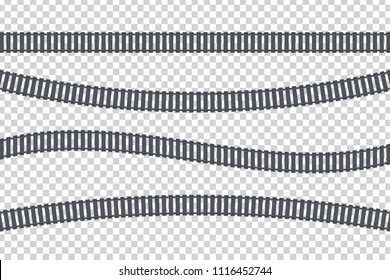 Vector set of realistic isolated of rails for decoration and covering on the transparent background. Concept of train transportation, metro, logistics and railroad.