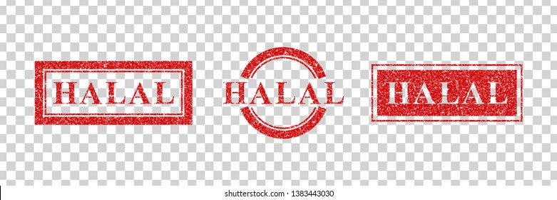Vector set of realistic isolated red rubber stamp of Halal Food logo for template decoration on the transparent background. Concept of Ramadan Kareem and Eid Mubarak.