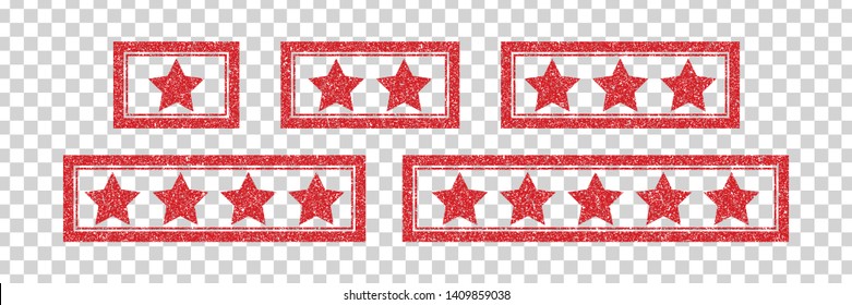 Vector set of realistic isolated red rubber stamp of Five Stars logo for template decoration on the transparent background. Concept of rating and feedback.