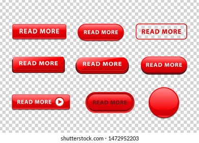 Vector set of realistic isolated red button of Read More logo for website decoration and landing covering on the transparent background.