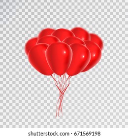Vector set of realistic isolated red balloons for celebration and decoration on the transparent background. Concept of happy birthday, anniversary and wedding.