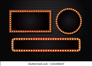 Vector set of realistic isolated retro rectangle neon marquee billboard for decoration and covering on the wall background. Concept of cinema and broadway.