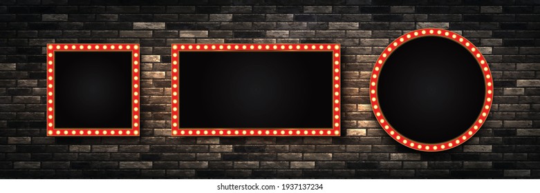 Vector set of realistic isolated retro marquee billboard with electric light lamps for invitation on the wall background. Concept of vintage decoration. svg