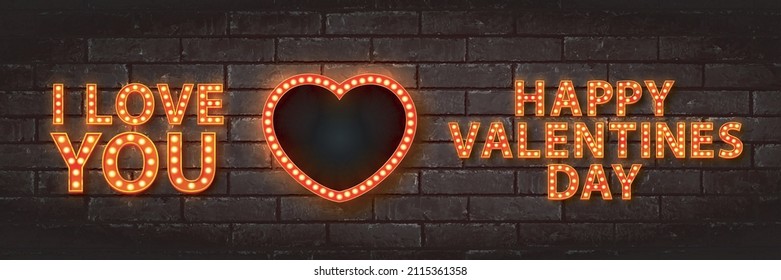 Vector set of realistic isolated retro marquee of I Love You, Happy Valentine's Day and heart shape billboard on the wall background.