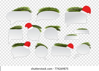 Vector set of realistic isolated speech bubbles with fir branches and Santa Claus hat for decoration and covering on the transparent background. Concept of Merry Christmas and Happy New Year.