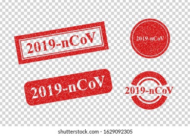 Vector set of realistic isolated stamps of Coronavirus 2019-nCoV for template decoration on the transparent background.