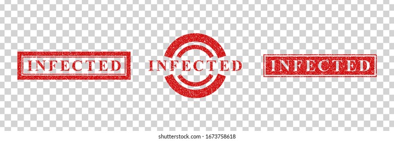 Conjunto de vectores de sellos aislados realistas de Infected para la decoración de plantillas sobre el fondo transparente.