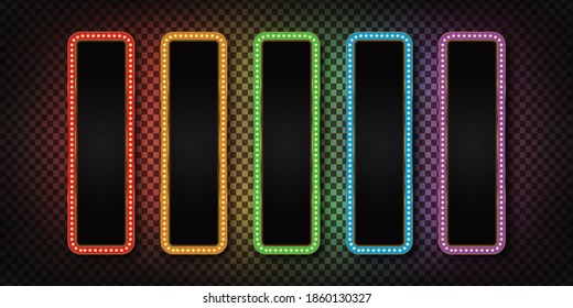Vector set of realistic isolated vertical retro marquee billboard with electric light lamps for invitation on the transparent background. Concept of vintage decoration.
