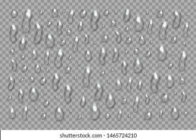 Vector set of realistic isolated water droplets for template decoration and covering on the transparent background.