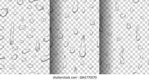 Conjunto vectorial de gotas de agua aisladas realistas sin fisuras para la decoración de plantillas y cubriendo sobre el fondo transparente.