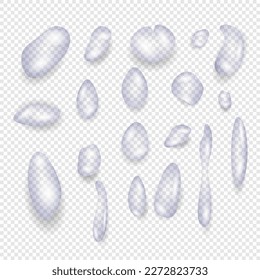 Vector set of realistic isolated water droplets on the transparent background.