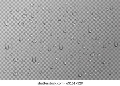 Vector set of realistic isolated water drops on the transparent background.