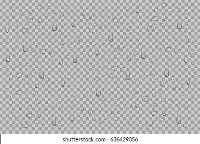 Vector set of realistic isolated water droplets on the transparent background.