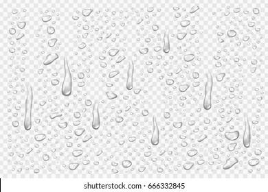 Conjunto de vectores de gotas de agua aisladas realistas sobre el fondo transparente.