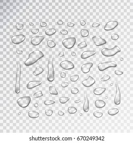 Vector set of realistic isolated water droplets on the transparent background.