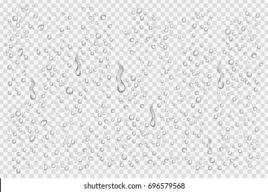 Vector set of realistic isolated water droplets on the transparent background.