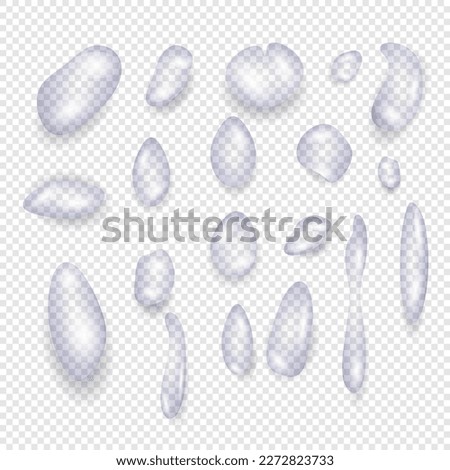 Vector set of realistic isolated water droplets on the transparent background.