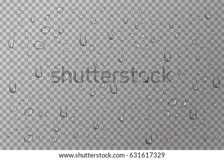 Vector set of realistic isolated water drops on the transparent background.