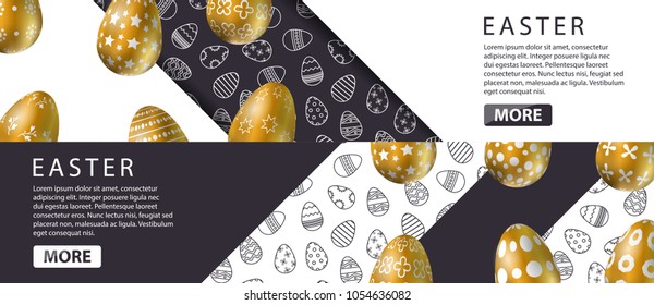 Vector set of realistic isolated web banners for Easter with golden eggs for decoration and covering on the ornamental background. Concept of Happy Easter.