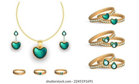 conjunto vectorial de collar realista de objetos de joyería, brazaletes, pendientes y anillos.