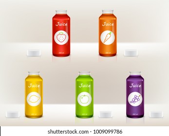 Vector set of realistic juice bottles, jars. Glass, plastic transparent containers for strawberry, lemon, apple, grape, carrot liquid. Package design for advertisement, promotion, internet networking