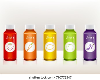 Vector set of realistic juice bottles isolated on background. Plastic colorful containers for fruit and vegetable drinks with labels, grape, lemon, apple, carrot, strawberry. Mockup for package design